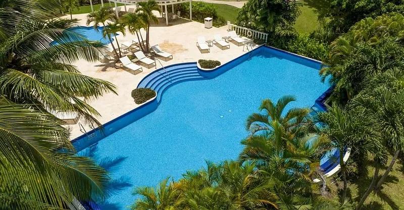 A free-form pool among palms with loungers set around its paved edge