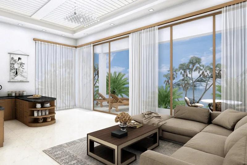 Artist’s rendering of a living room with a low sectional sofa and full-height curtains to the garden