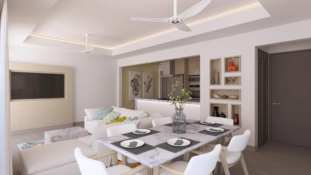 phase 4 two-bedroom render: marble dining table set for six in the foreground, open kitchen with island and