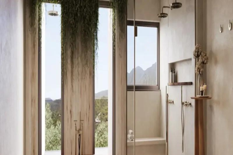 Artist’s rendering of a bathroom with a walk-in shower behind a timber screen