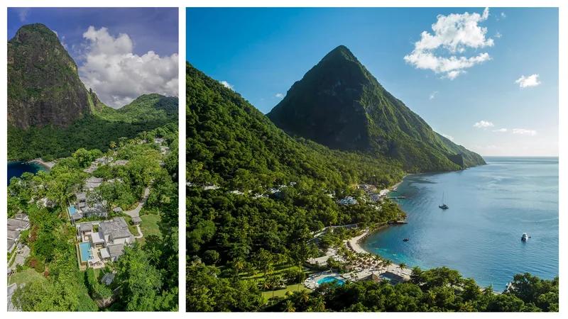 A Piton above a St Lucian bay, shown beside an aerial of the resort on the shore