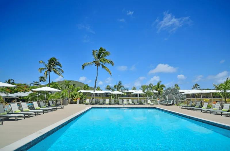 Resort pool on a clear day, white umbrellas and loungers both sides, palms and green hillside behind