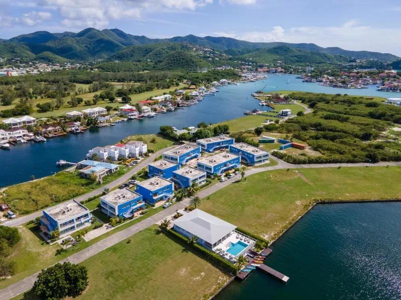 Aerial view across Harbour Island and the Jolly Harbour marina waterways, Antigua