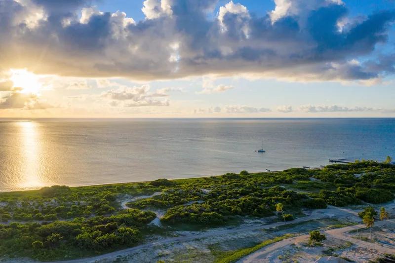 Sunset over low coastal scrub and the wide pale beach beyond