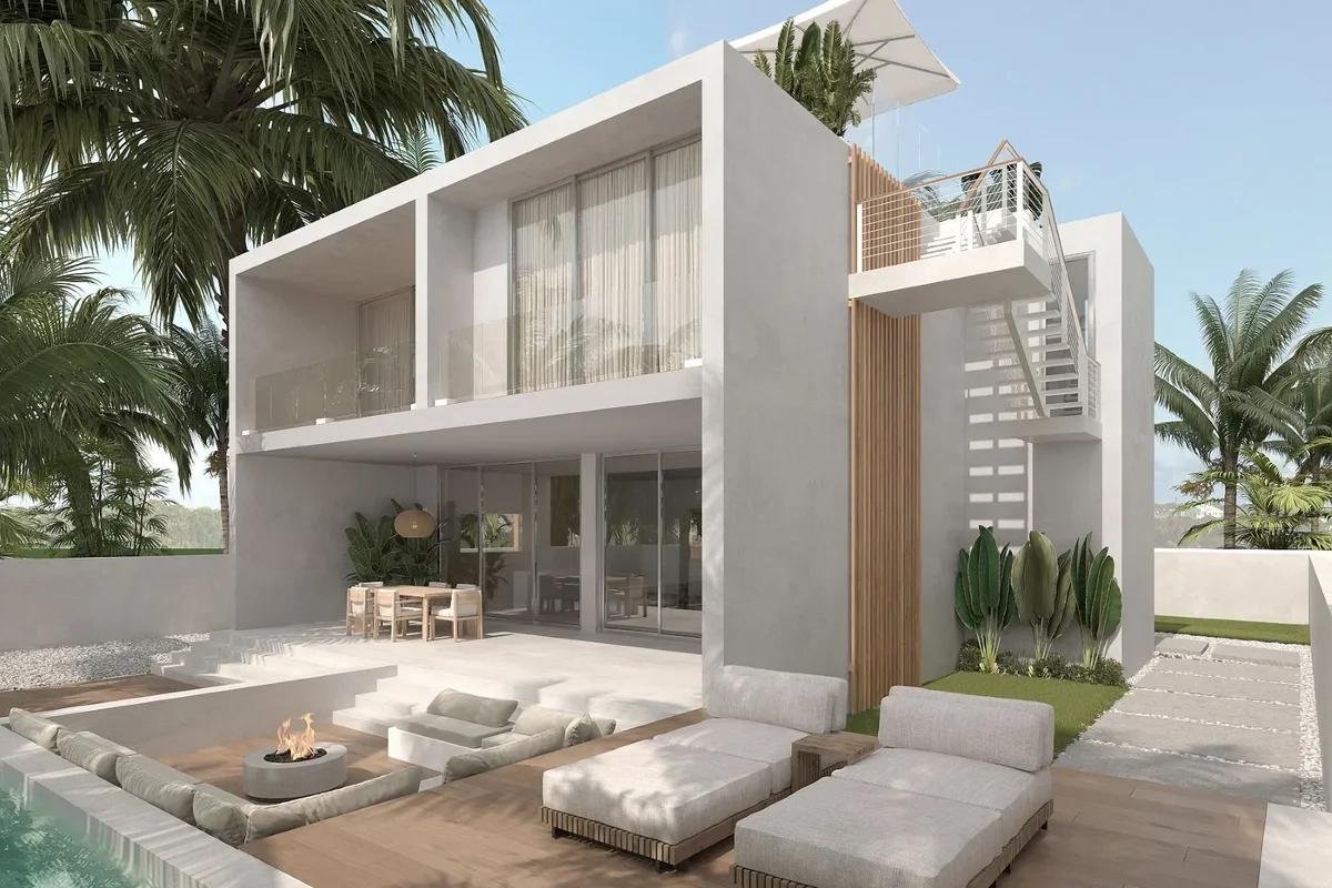 Artist’s rendering of a white modern villa with a pool, day beds and palms