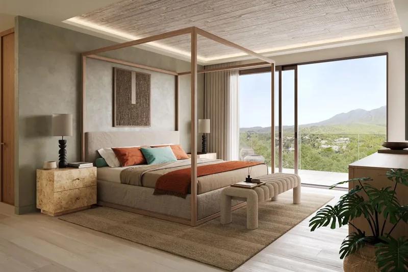 Artist’s rendering of a bedroom with a slim four-poster frame and terracotta bedding beside a glass wall