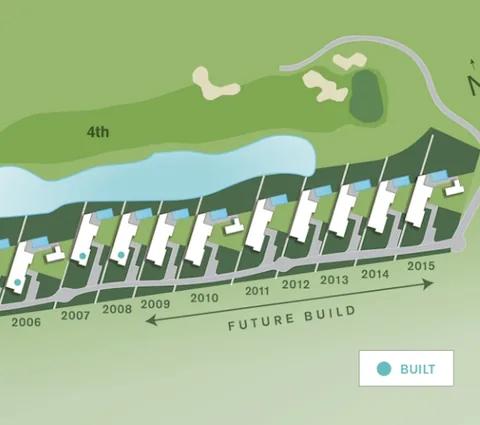 A site plan showing villa plots along the fourth hole, labelled by build year