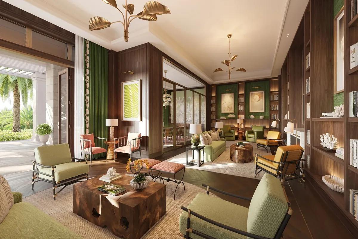 the residents' lounge, panelled in dark timber with garden doors
