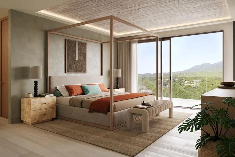 Artist’s rendering of a bedroom with a slim four-poster frame and a glass wall onto green hills