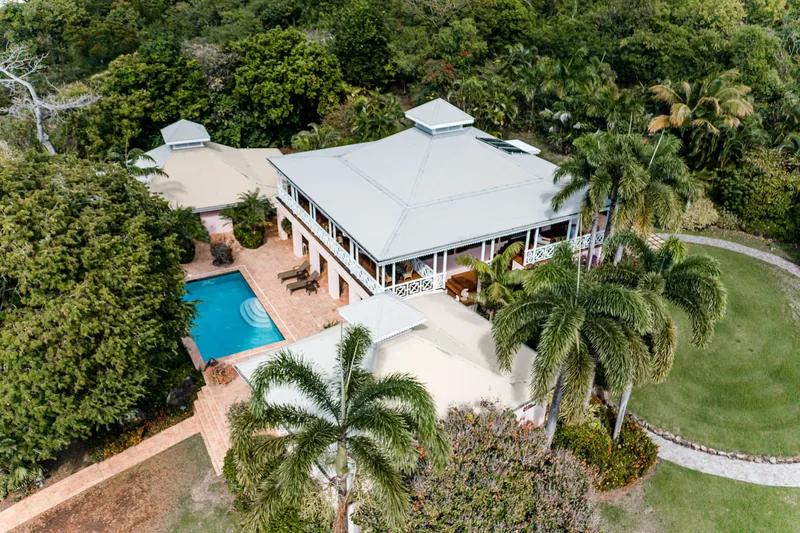 A white-roofed house with a pool among palms and mature garden, seen from the air