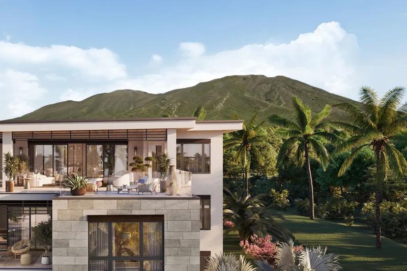 Artist’s rendering of a residence with a stone base and planted terrace, Nevis Peak behind