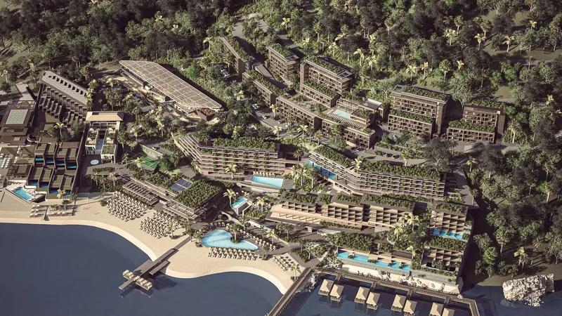Artist’s rendering of a terraced resort development running along a beach and headland, seen from the air