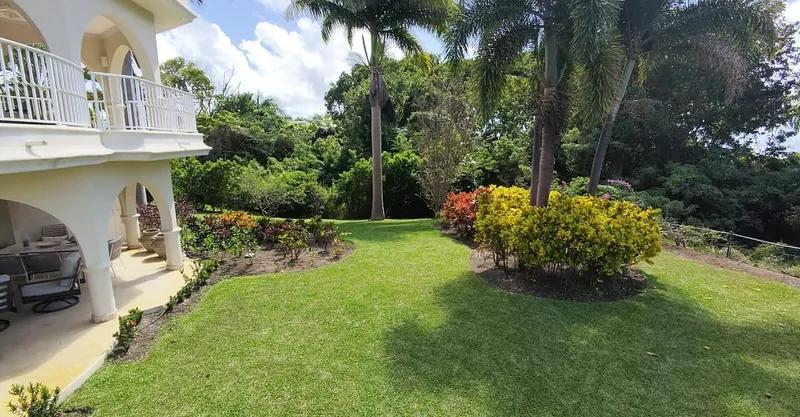 A mown lawn and shrub border below an apartment balcony, palms behind