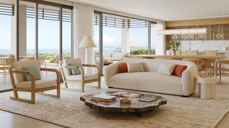 Artist’s rendering of a pale living room with a cream sofa and timber armchairs before wide windows