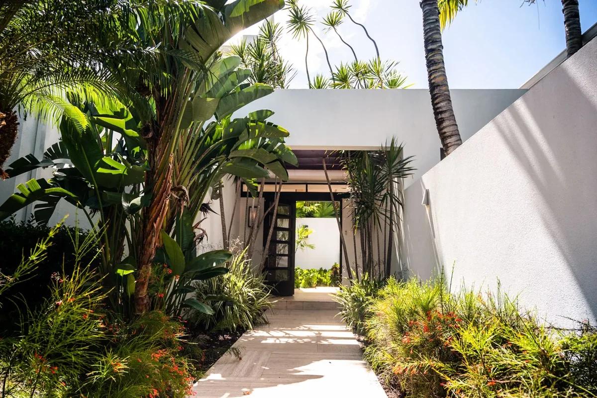 A walled villa entrance framed by dense tropical planting and palms