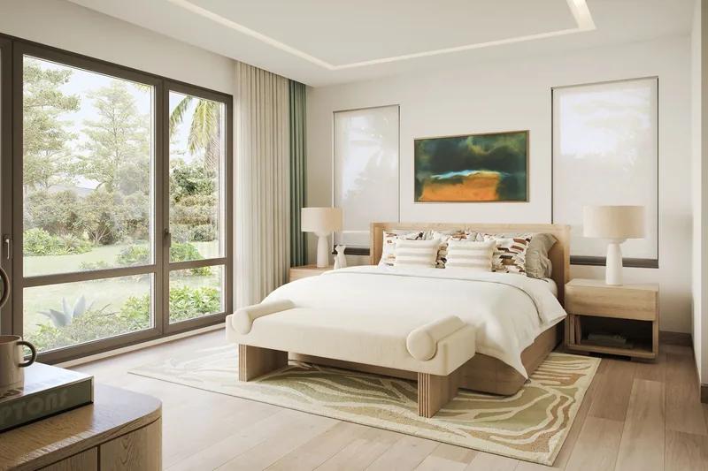Artist’s rendering of a bedroom with a low pale bed and a full-height window onto greenery