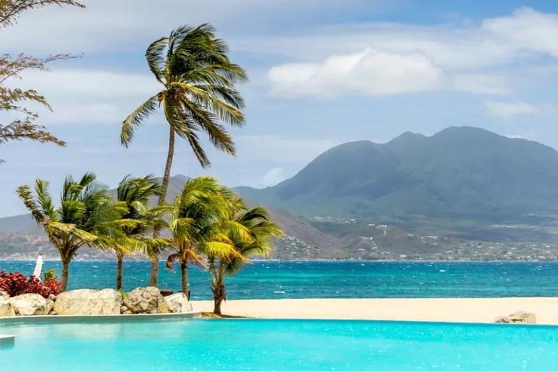An infinity pool under leaning palms looking across the channel to Nevis
