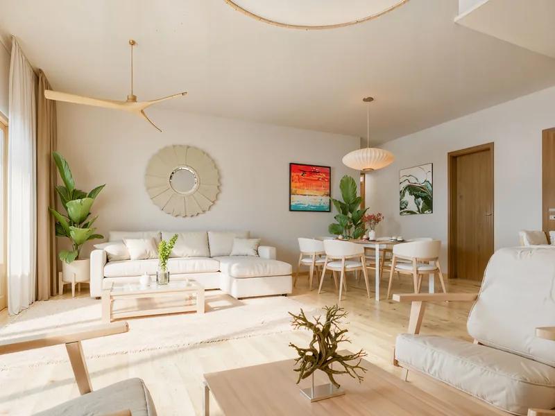 A pale living room under a slim ceiling fan, with a sunburst mirror and a small dining table