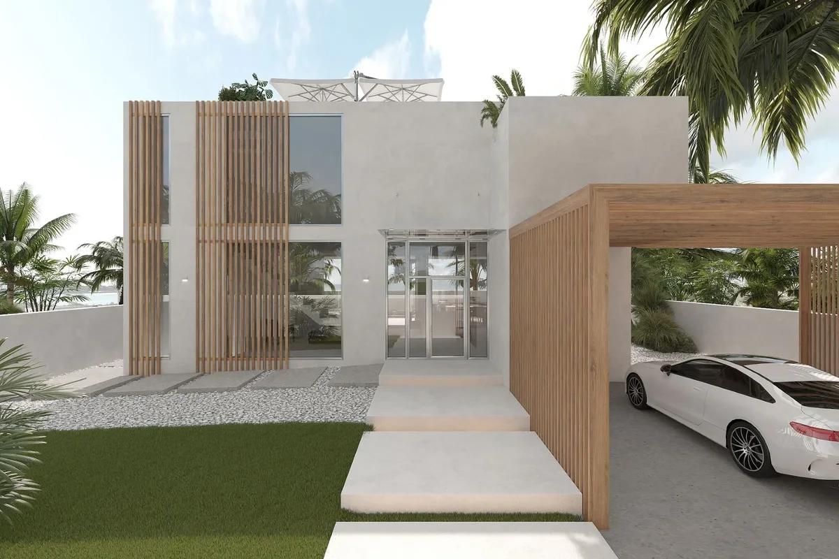 Artist’s rendering of a modern villa entrance with timber screening and a car on the drive