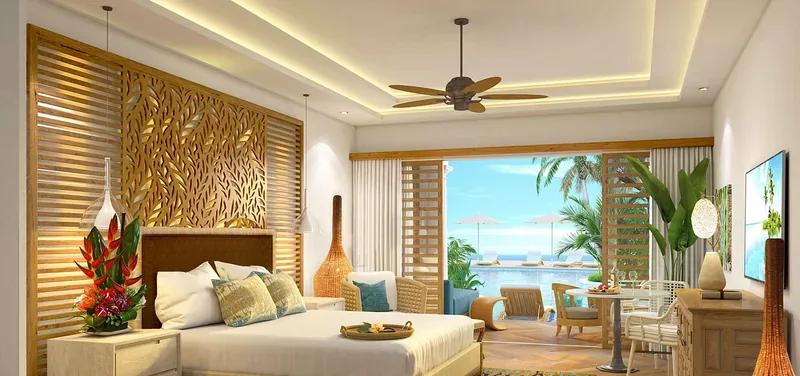 Artist’s rendering of a hotel bedroom with a carved timber screen behind the bed and doors to a terrace