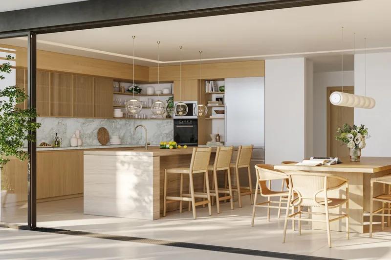 Artist’s rendering of a timber kitchen and dining room opening through sliding walls to a terrace