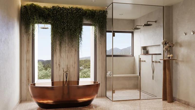 Artist’s rendering of a bathroom with a copper freestanding bath below trailing greenery