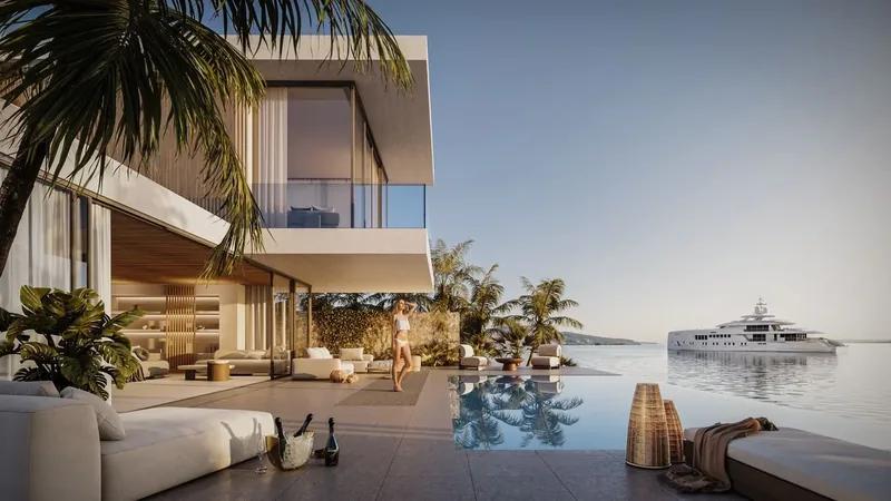 Artist’s rendering of a villa terrace and infinity pool with a superyacht anchored offshore