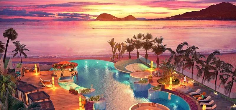 Artist’s rendering of a lagoon pool complex lit at sunset, palms and loungers around its edge