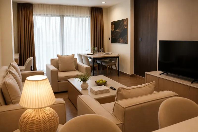 A beige-toned living and dining room with a lit table lamp and a wall-mounted television