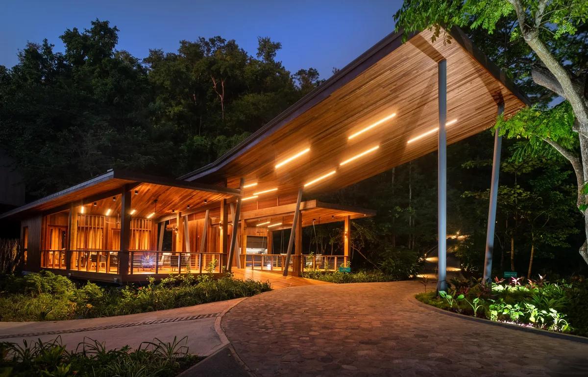 A timber pavilion with a swept roof lit from within at dusk, forest behind