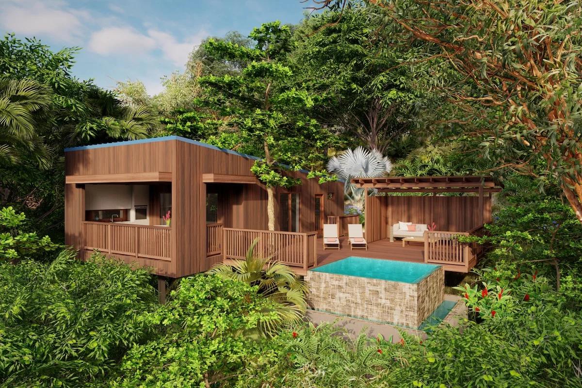 cGI render — waterfront Mapou villa exterior with plunge pool, tighter crop than Mapou-Unit. Most recent upload