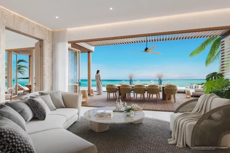 Artist’s rendering of a living and dining room opening to a terrace above the sea
