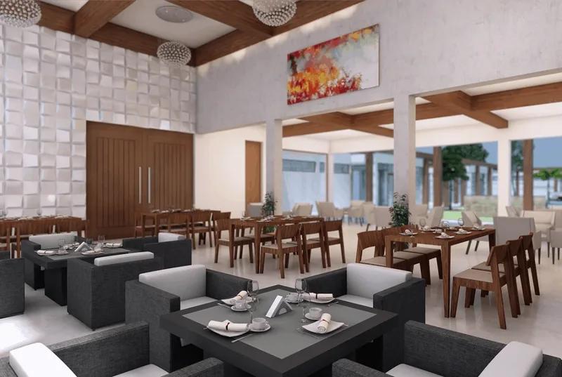 Artist’s rendering of a restaurant interior with timber tables, grey banquettes and pendant lights