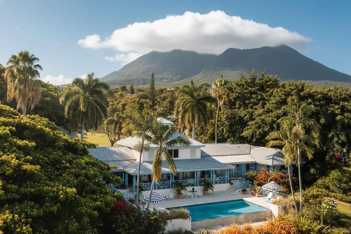 Plantation-style villa with blue-trimmed verandas and a pool in the Four Seasons Nevis estate, below Nevis Peak
