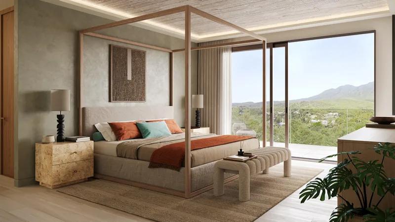 Artist’s rendering of a bedroom with a slim four-poster frame and a glass wall onto green hills