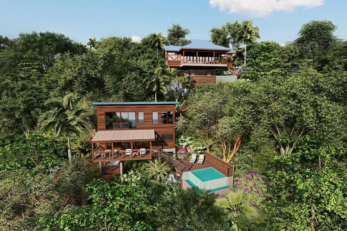 A timber villa with a plunge pool on a densely forested slope in Dominica