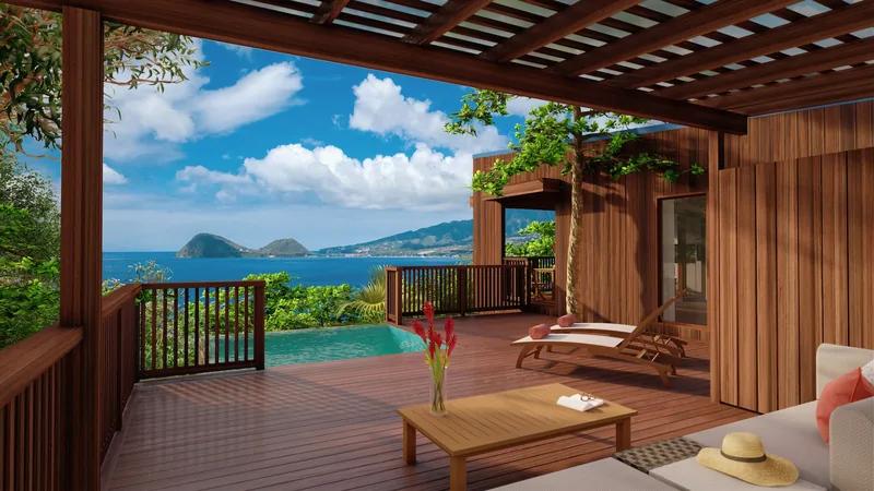 A timber pergola deck above a plunge pool, looking out to a bay and headland