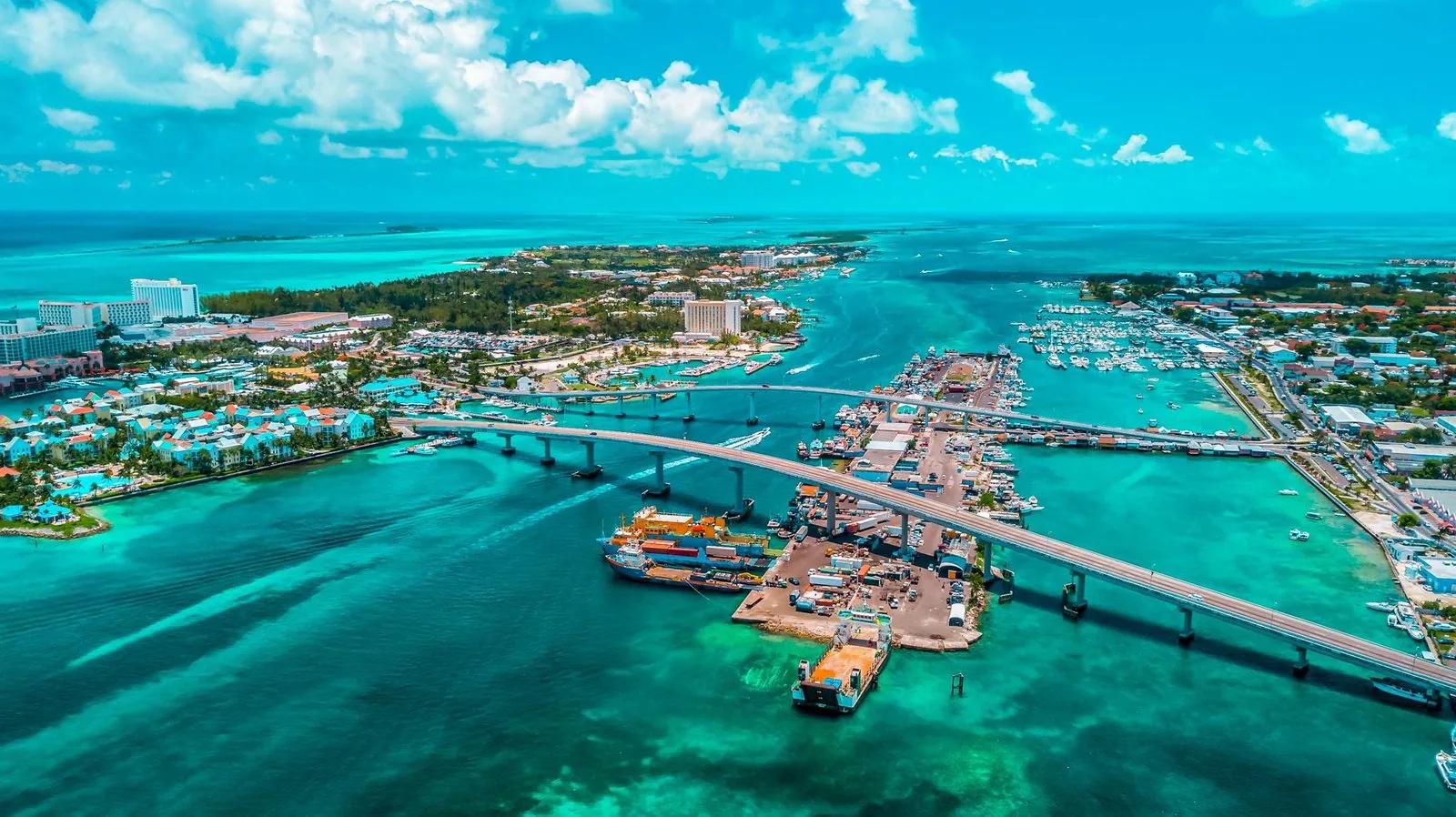 Nassau harbour from the air, the bridges to Paradise Island crossing the turquoise channel
