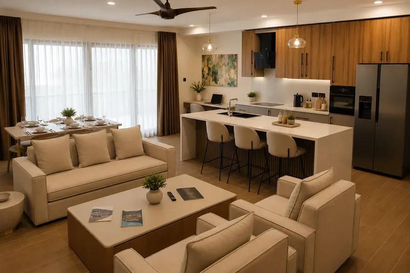 An open-plan living room and kitchen with timber cabinetry, a breakfast island with stools and beige seating